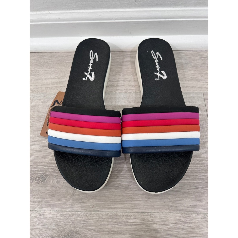 Seven7 Womens Rainbow Striped Slide‎ Sandals Black Multi Platform Flat Size 9